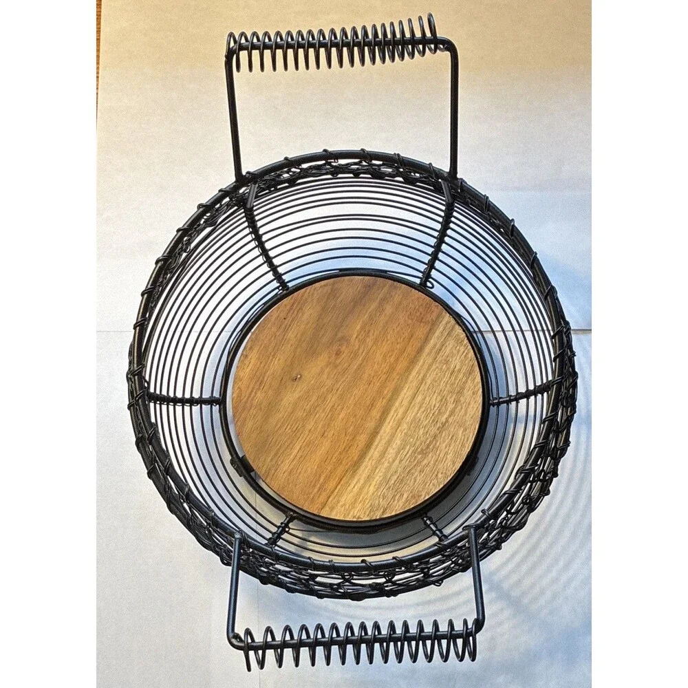 Black Metal Wire Basket w/ Side Handles and Wood Bottom, 7 in W x 5 in H